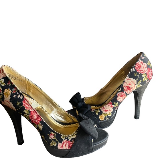 Rampage Womens 7 Black Pink Floral Print Stiletto High Heels Peep Toe Bow Shoe - Picture 7 of 13